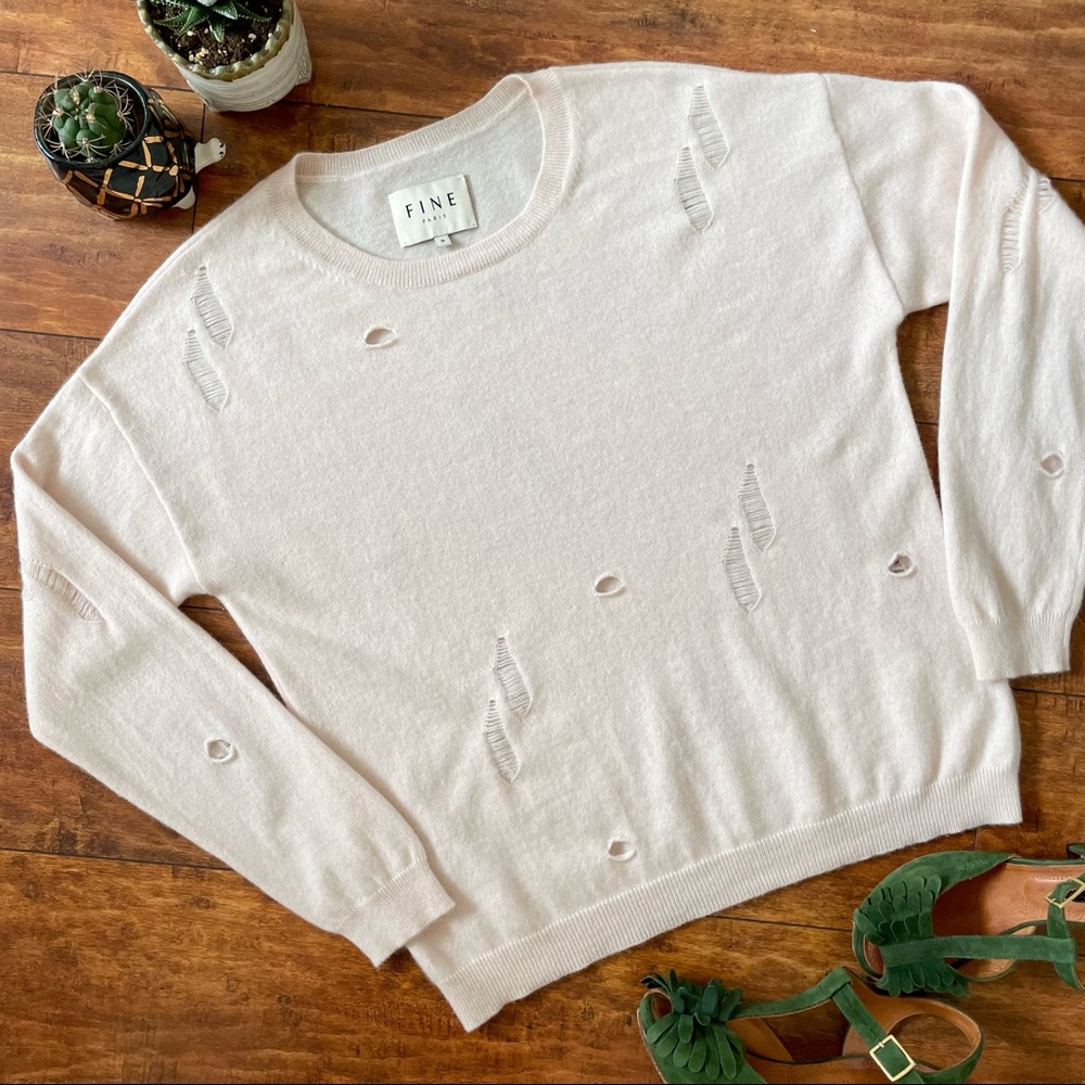 Distressed 100% Cashmere Sweater Lightweight by Fine Paris Light Pink Pure Small